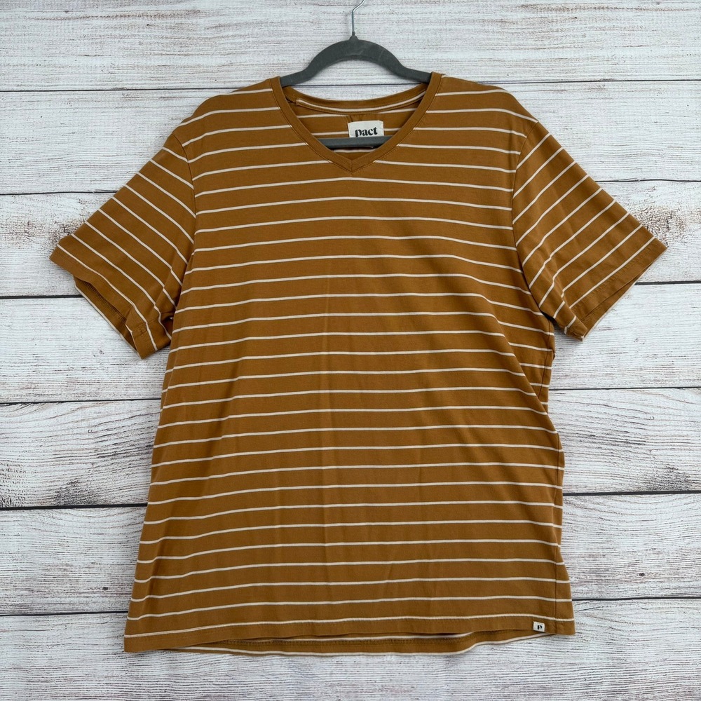 Pact V-Neck T-Shirt Mens‎ Large Mustard Brown White Striped Organic Cotton